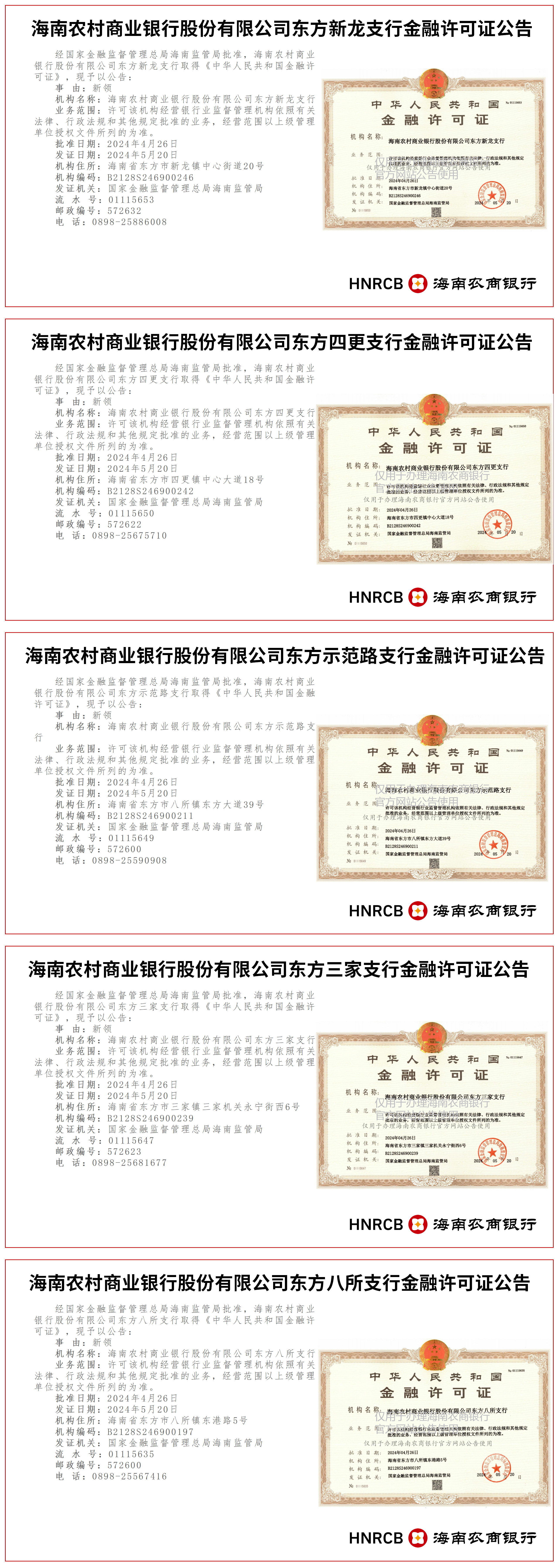 海南農(nóng)村商業(yè)銀行股份有限公司東方轄內(nèi)20家分支機(jī)構(gòu)金融許可證公告