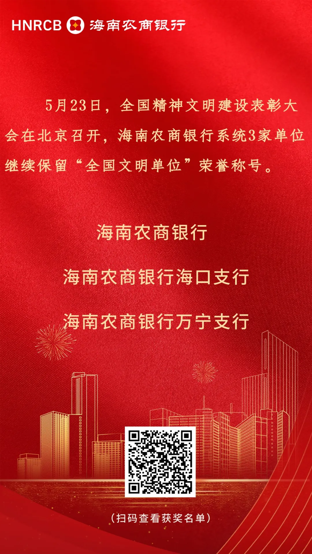 喜報(bào)！海南農(nóng)商銀行系統(tǒng)3家單位繼續(xù)保留“全國(guó)文明單位”稱號(hào)